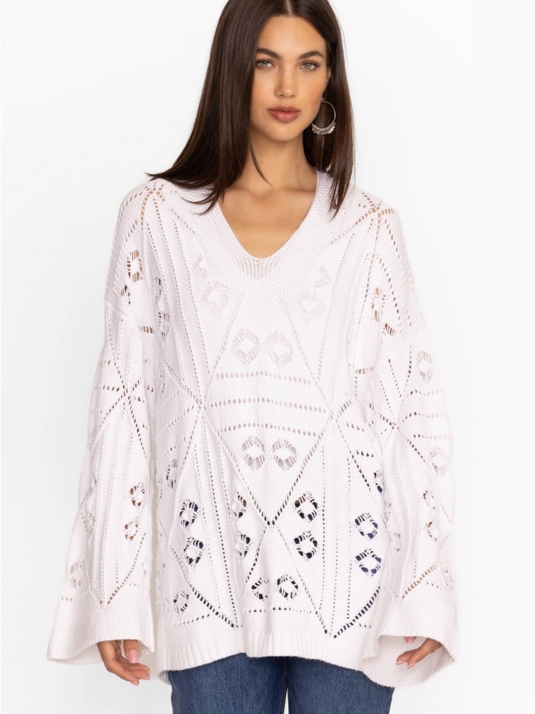 Johnny Was White Open-Knit V-Neck Sweater (038)